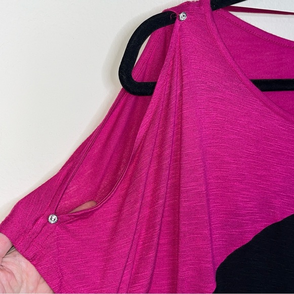 Y2K INC Rhinestone Cold Shoulder Ruched Side Colorblock Mini Dress Pink Black MP - Picture 2 of 15